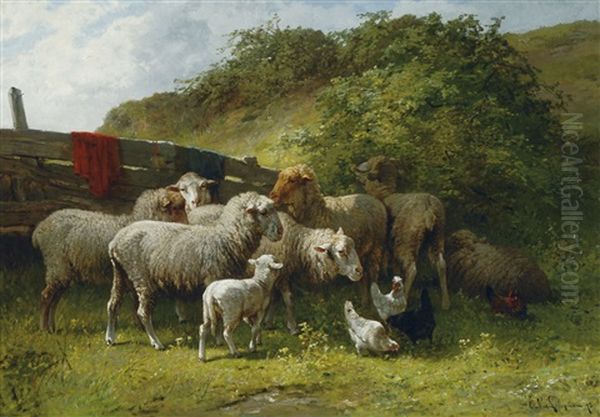 Schapen En Kippen Bij Het Hek Oil Painting by Cornelis van Leemputten