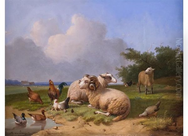 Schafe Und Geflugel In Weiter Landschaft Oil Painting by Cornelis van Leemputten