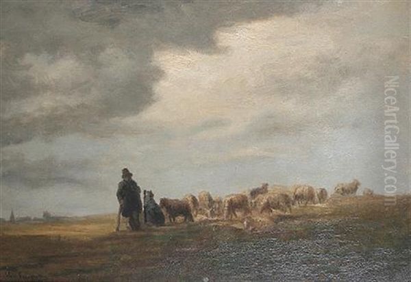 A Shepherd And His Flock In An Open Landscape Oil Painting by Cornelis van Leemputten