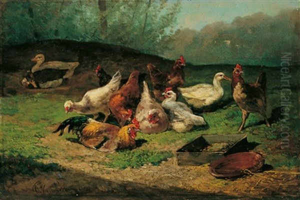 Huhner Und Enten Auf Einer Wiese Oil Painting by Cornelis van Leemputten