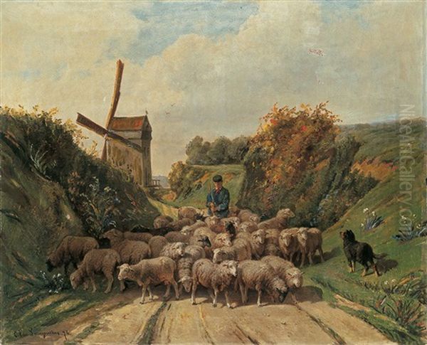 Landschaft Mit Schafherde Und Windmuhle Oil Painting by Cornelis van Leemputten