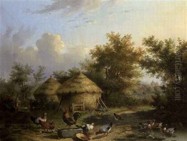 Poules Et Canards Pres D'une Marre Oil Painting by Cornelis van Leemputten