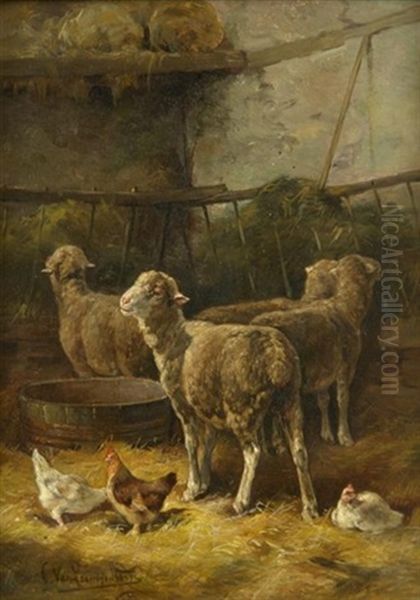 Am Abend. Schafe Im Stall An Den Futterkorben Oil Painting by Cornelis van Leemputten