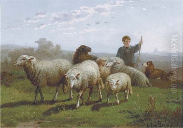 A Young Shepherd With His Sheep Oil Painting by Cornelis van Leemputten