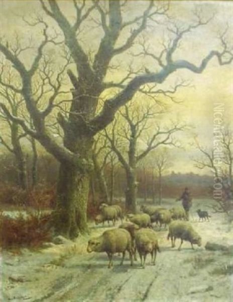 Sheep On A Snowy Path Oil Painting by Cornelis van Leemputten