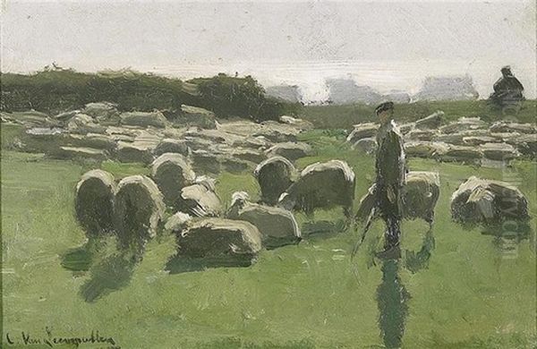 Bergers Et Moutons Au Paturage Oil Painting by Cornelis van Leemputten