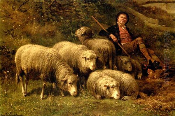 A Shepherd With His Flock (in Collab. With Jan David Col) Oil Painting by Cornelis van Leemputten