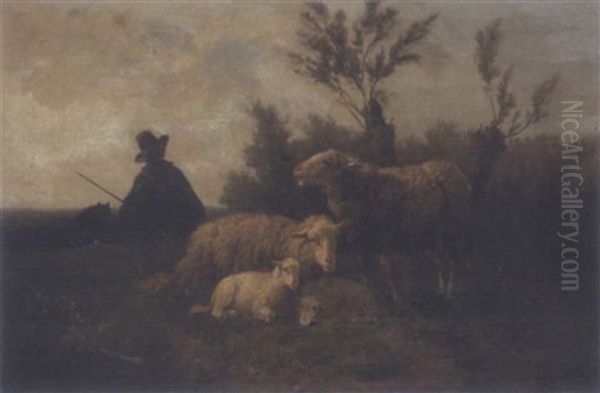 Rastender Schafer Mit Seiner Herde Oil Painting by Cornelis van Leemputten