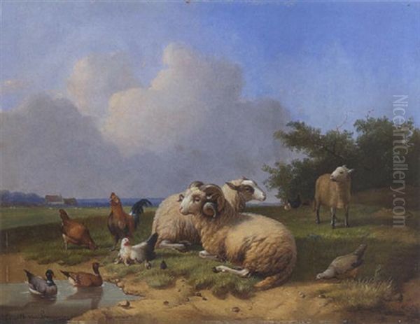 Widder, Schafe, Enten Und Huhner Oil Painting by Cornelis van Leemputten