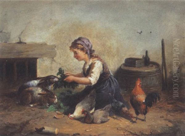 Feeding The Rabbits Oil Painting by Cornelis van Leemputten