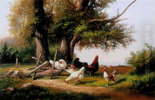 Chickens Feeding On A Country Lane Oil Painting by Cornelis van Leemputten