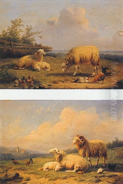 Sheep, Ducks And Poultry In A Landscape Oil Painting by Cornelis van Leemputten