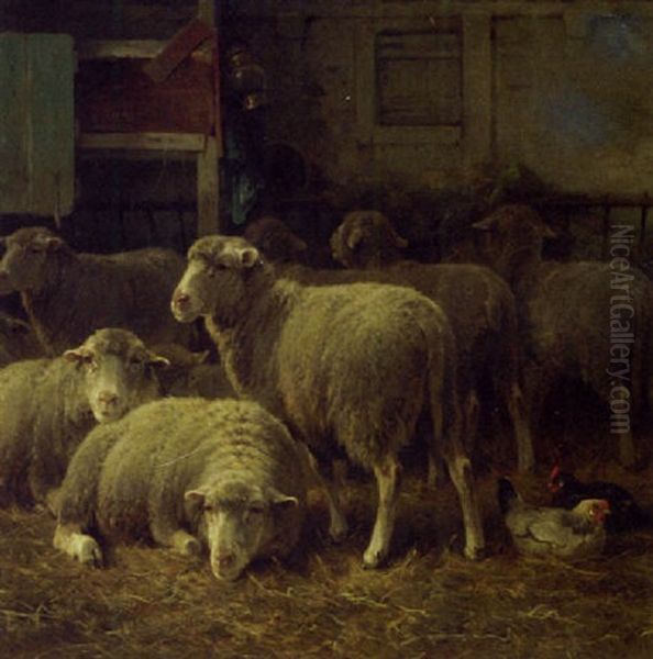 Sheep And Poultry In A Stable Oil Painting by Cornelis van Leemputten