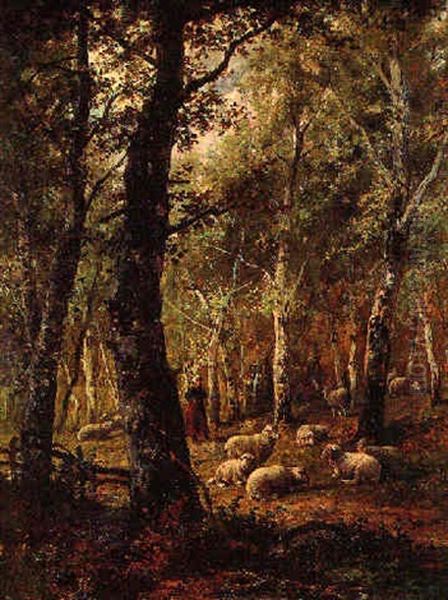 Shepherdess And Flock In The Woods Oil Painting by Cornelis van Leemputten