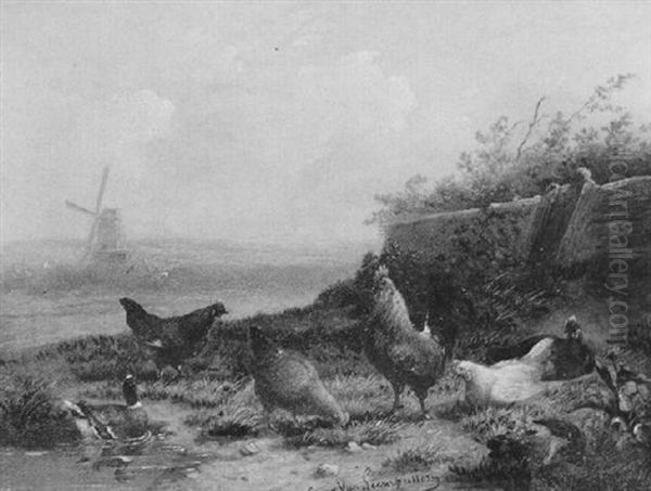 Landschaft Mit Huhnern Und Einer Ente Oil Painting by Cornelis van Leemputten