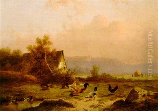 Poultry Near A Barn With Harvesters Working In A Field Beyond Oil Painting by Cornelis van Leemputten