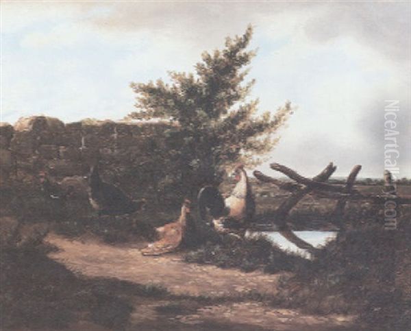 Chickens And A Rooster By A Pond Oil Painting by Cornelis van Leemputten