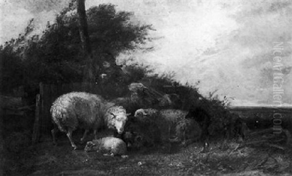 Shepherd And Sheep Sheltering From A Storm Oil Painting by Cornelis van Leemputten