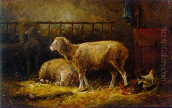 Sheep And Chickens In A Barn Oil Painting by Cornelis van Leemputten