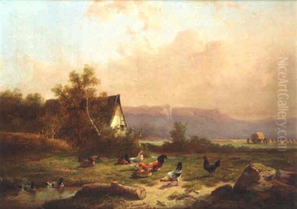 Poultry Near A Farmstead Oil Painting by Cornelis van Leemputten