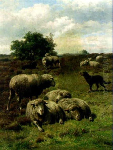 Sheep And A Dog In A Landscape Oil Painting by Cornelis van Leemputten