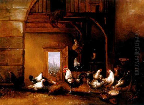 Blick In Einen Stall Mit Huhnern Und Hahn Oil Painting by Cornelis van Leemputten