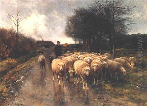 A Shepherd And His Flock Oil Painting by Cornelis van Leemputten