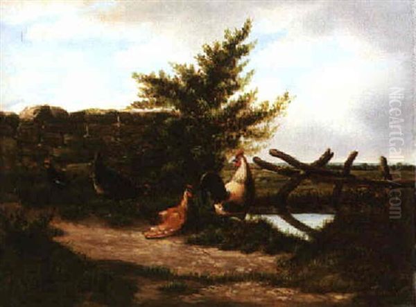 Roosters By A Pond Oil Painting by Cornelis van Leemputten