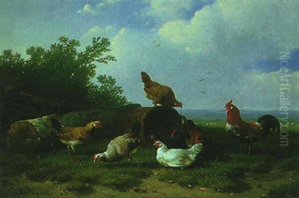 Cockerels And Hens In A Field Oil Painting by Cornelis van Leemputten