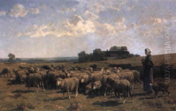 Ung Strikkende Pige Der Passer Far Oil Painting by Cornelis van Leemputten