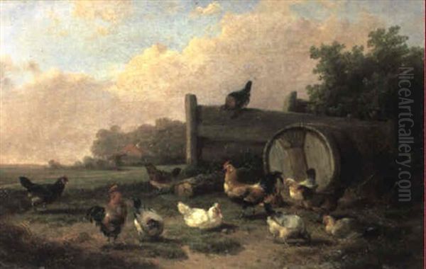 Poultry In A Field Oil Painting by Cornelis van Leemputten