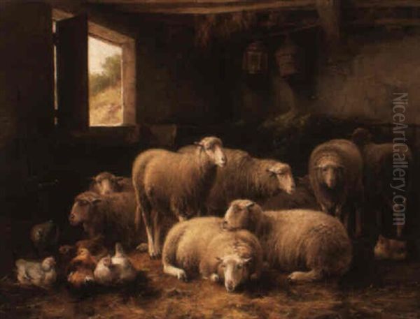 Sheep And Poultry In A Stable Oil Painting by Cornelis van Leemputten