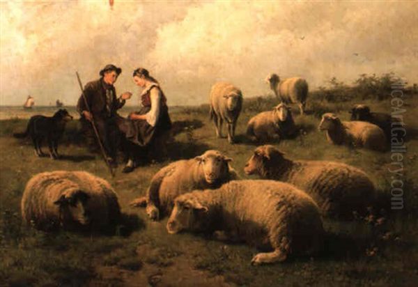 A Shepherd's Courtship Oil Painting by Cornelis van Leemputten