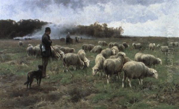 Herder Met Kudde Op Het Veld Oil Painting by Cornelis van Leemputten