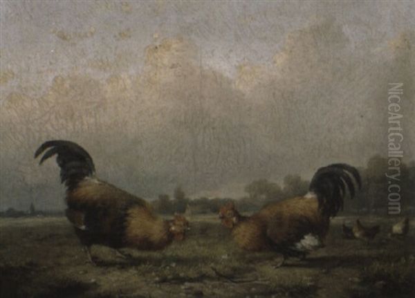 Cockerels In A Meadow Oil Painting by Cornelis van Leemputten