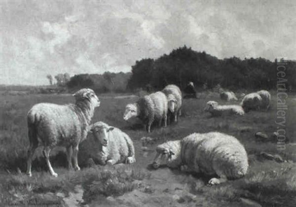 Sheep And Shepherdess In A Meadow by Cornelis van Leemputten