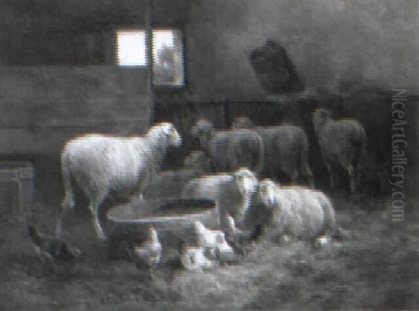 Chickens And Sheep In A Stable Oil Painting by Cornelis van Leemputten