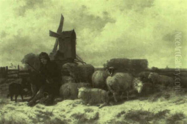 Shepherd And His Flock With Distant Windmill Oil Painting by Cornelis van Leemputten