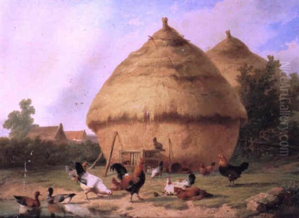 Poultry Before Haystacks In A Landscape Oil Painting by Cornelis van Leemputten