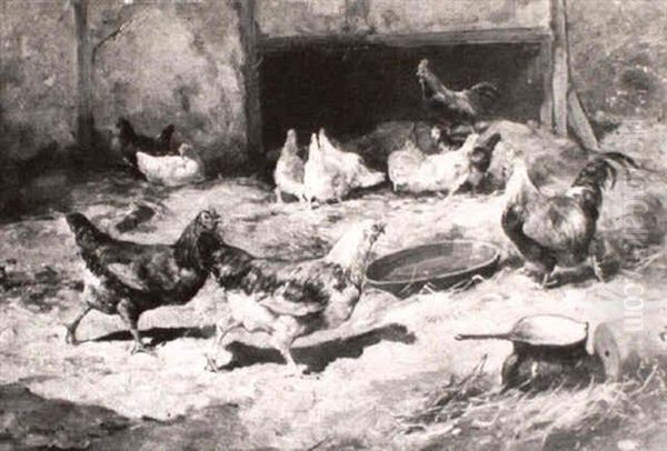 Poultry In A Barnyard Oil Painting by Cornelis van Leemputten