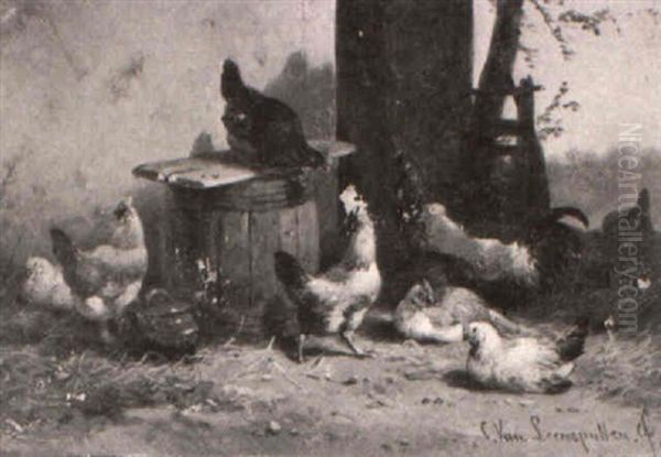 Chickens And Roosters With Barrel Oil Painting by Cornelis van Leemputten