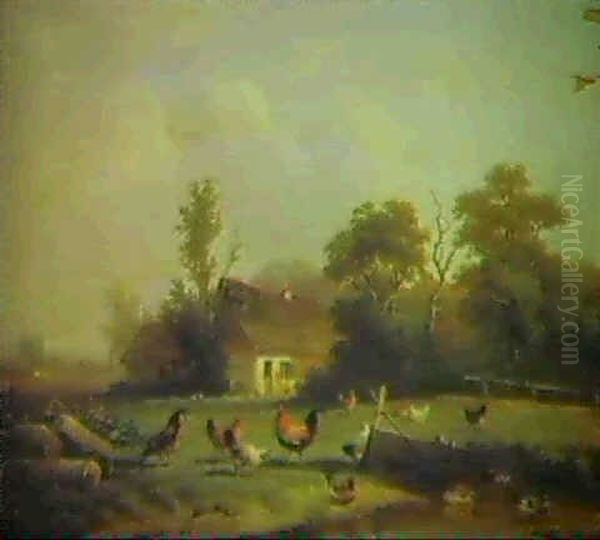 Chickens And Ducks By A Pond Oil Painting by Cornelis van Leemputten