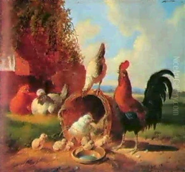 Poultry In A Landscape Oil Painting by Cornelis van Leemputten