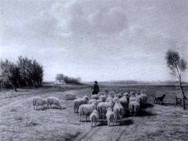 Schafer Mit Seiner Herde Auf Einem Wiesenstuck Am Feldweg Oil Painting by Cornelis van Leemputten