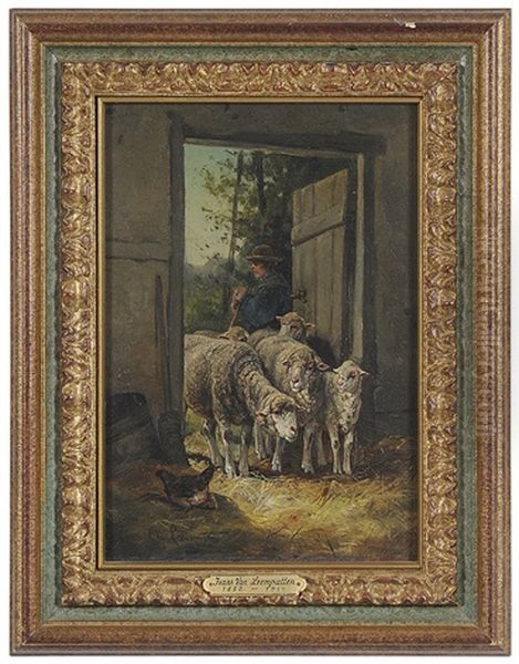 Sheep At A Barn Door Oil Painting by Frans Van Leemputten