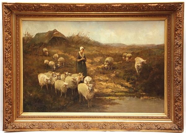 Shepherdess With Sheep By A Stream Oil Painting by Frans Van Leemputten