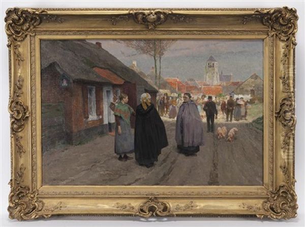 Untitled (peasants At The Market) Oil Painting by Frans Van Leemputten