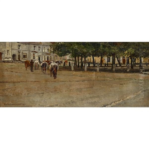 Cows In A Town Square Oil Painting by Frans Van Leemputten