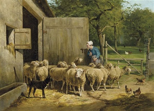 Fermiere Et Moutons Pres De L'etable Oil Painting by Frans Van Leemputten