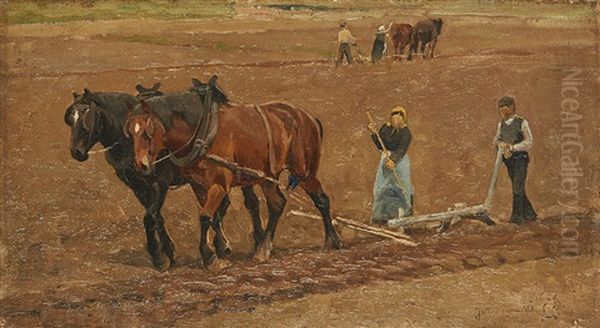 Labourage A Jette Saint Pierre En 1881 Oil Painting by Frans Van Leemputten